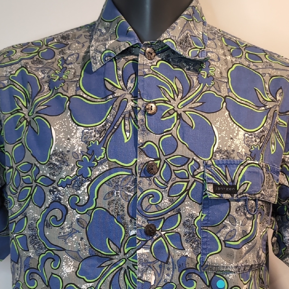 Jantzen Grey Floral Hawaiian Shirt